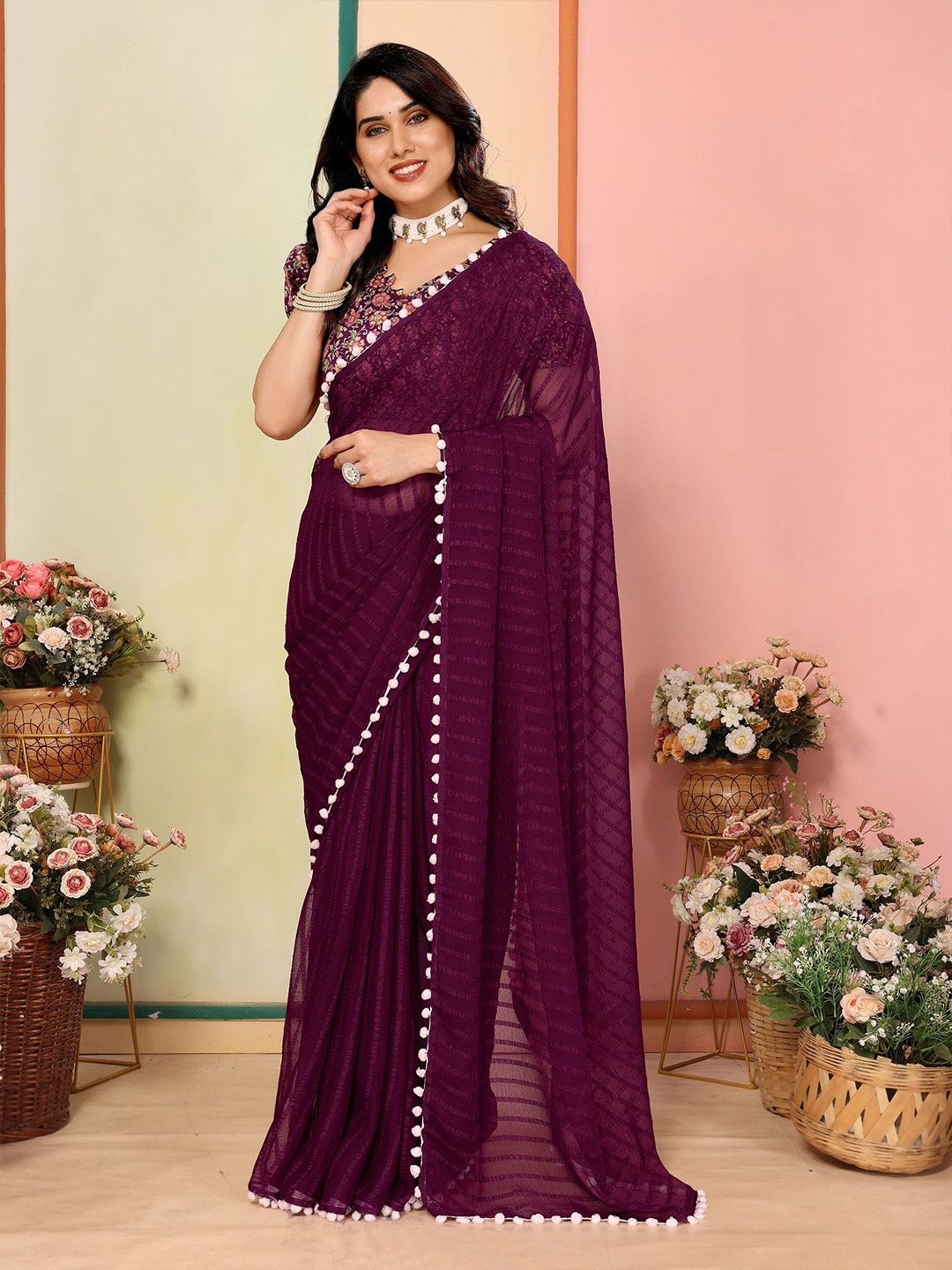 

ROOP SUNDAR Women's Striped Woven Design Pom Pom Satin Silk Saree, Purple