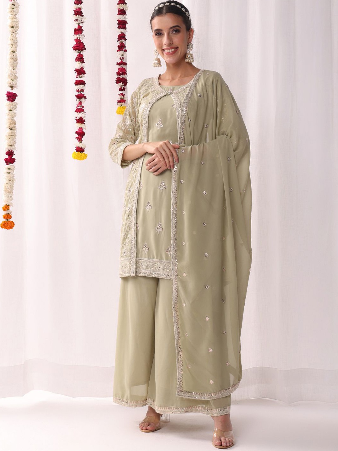 

Chhabra 555 Floral Embroidered Straight Sequinned Kurta & Palazzos With Dupatta, Green