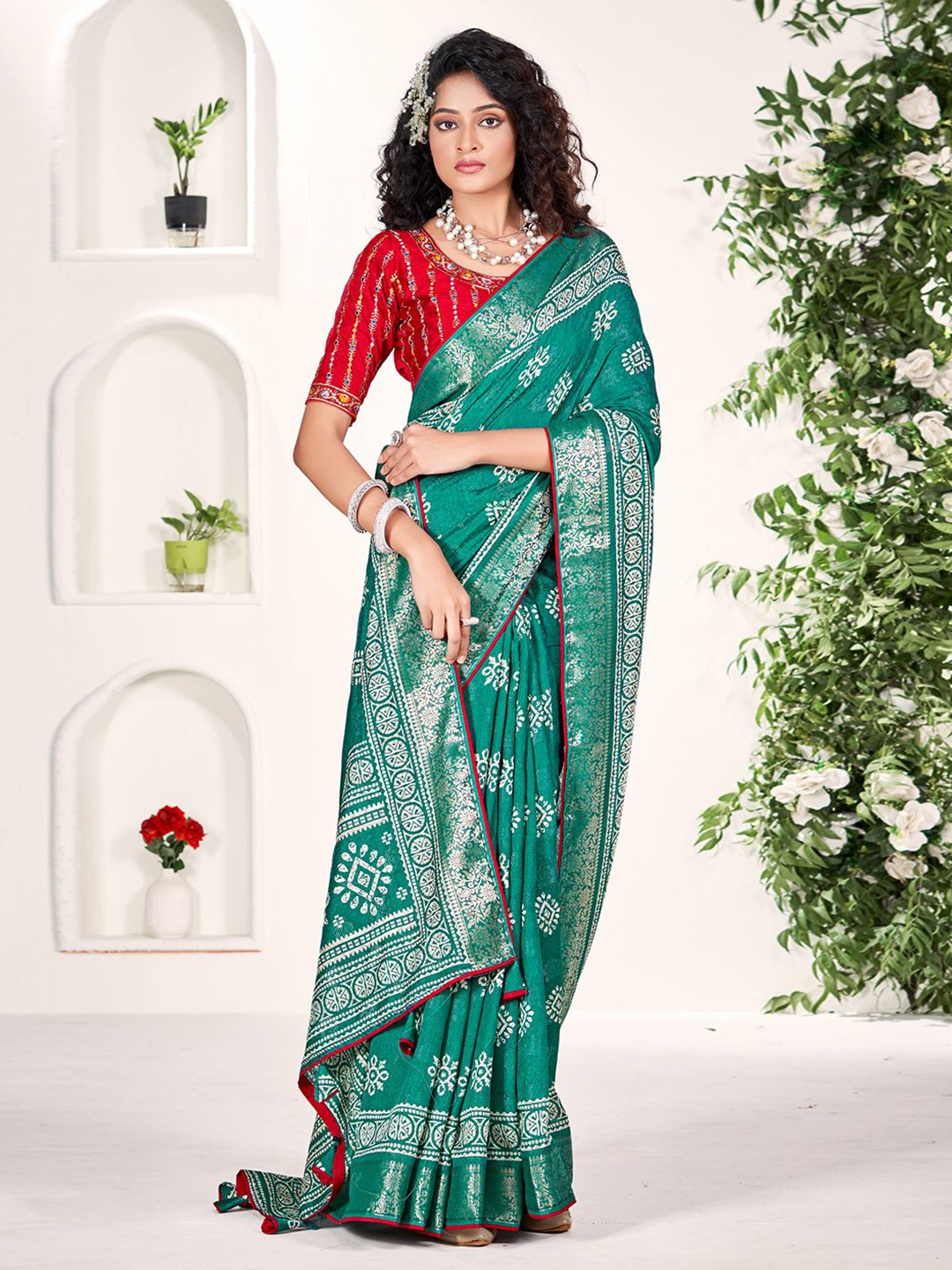 

Mitera Woven Design Zari Silk Blend Saree, Teal