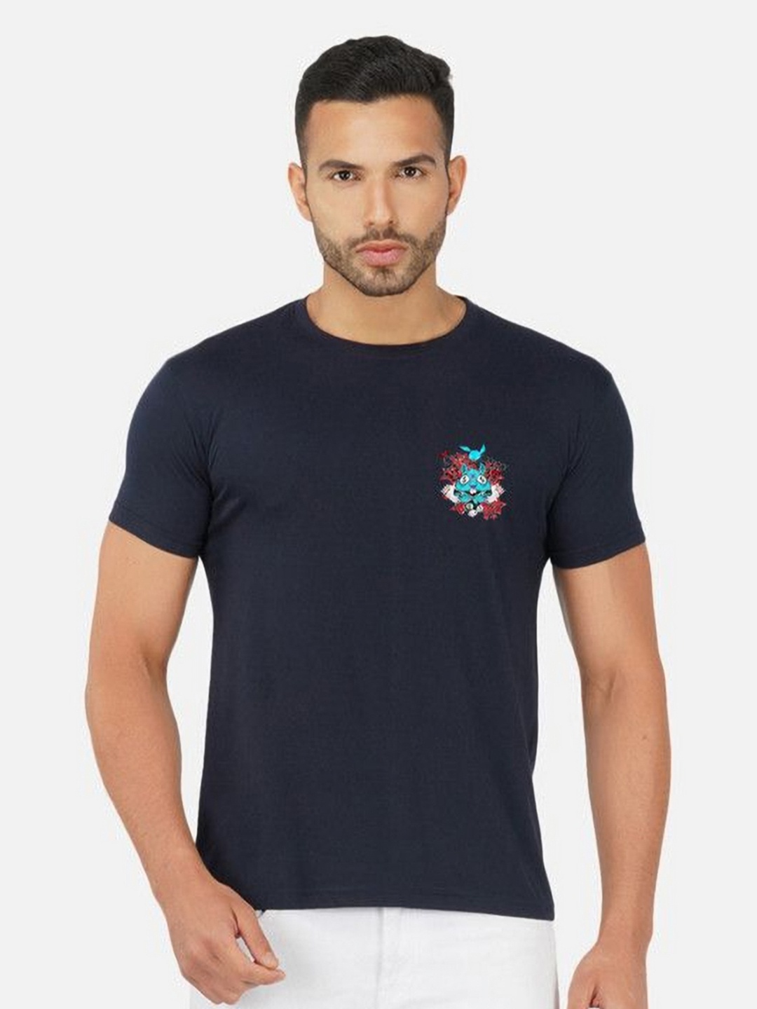 

Moda Rapido Men Printed Bio Finish Applique T-shirt, Navy blue