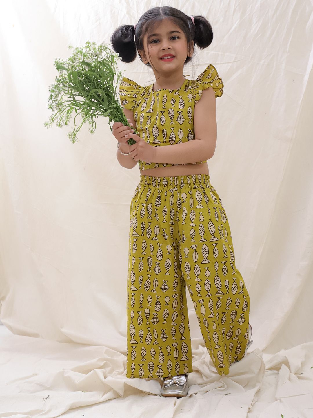 

BownBee Girls Printed Round Neck Pure Cotton Wop with Palazzos, Mustard