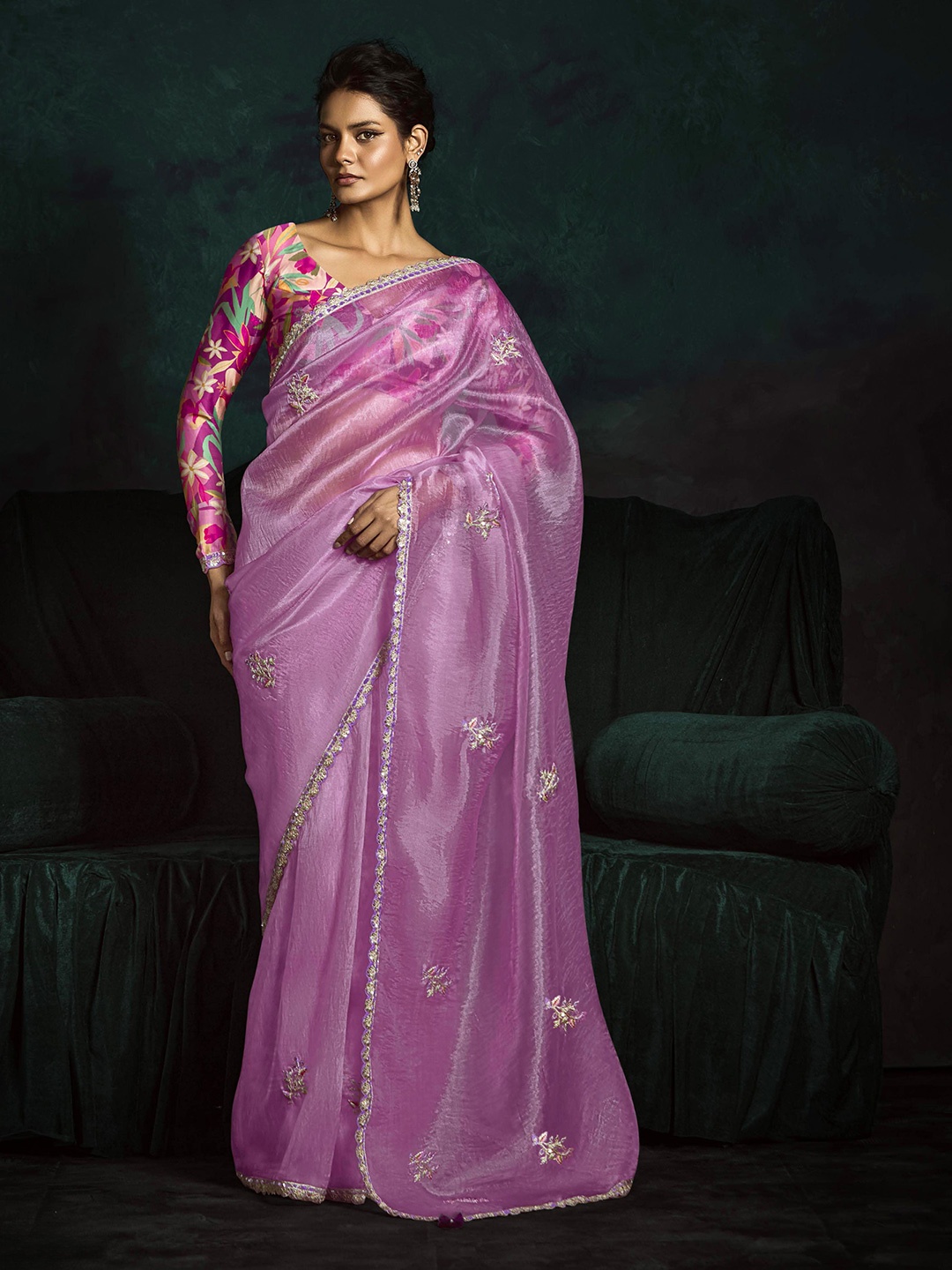 

House of D&S Floral Embroidered Tissue Saree, Pink