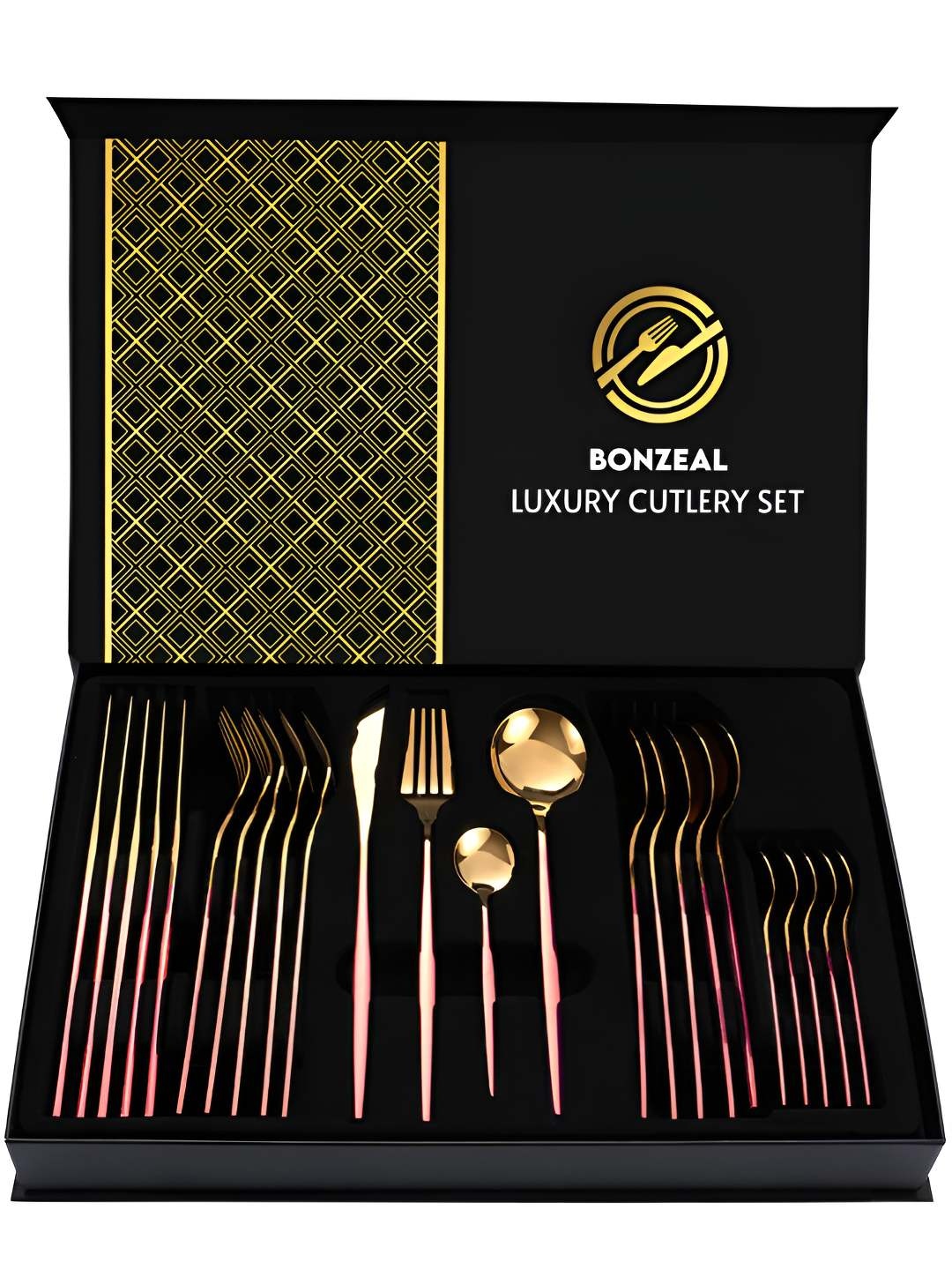 

BonZeaL Rainbow Pink & Gold Toned 24 Pieces Stainless Steel Cutlery Set