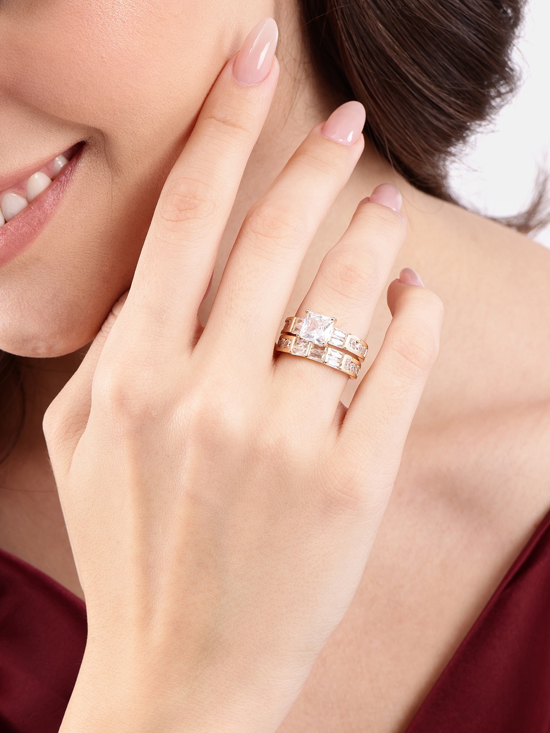 

DressBerry Set of 2 Stone Studded Finger Ring, Gold