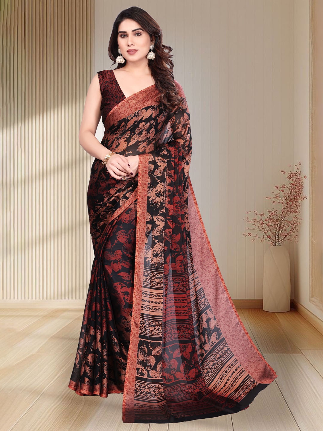 

MAGNEITTA Printed Pure Chiffon Saree, Maroon