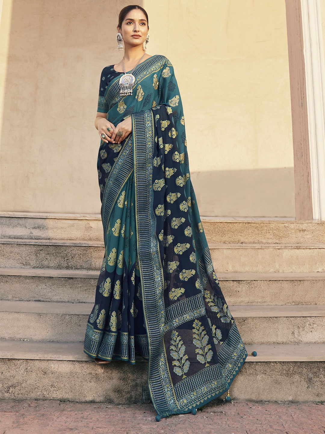 

elora Ethnic Motifs Poly Georgette Banarasi Saree, Teal