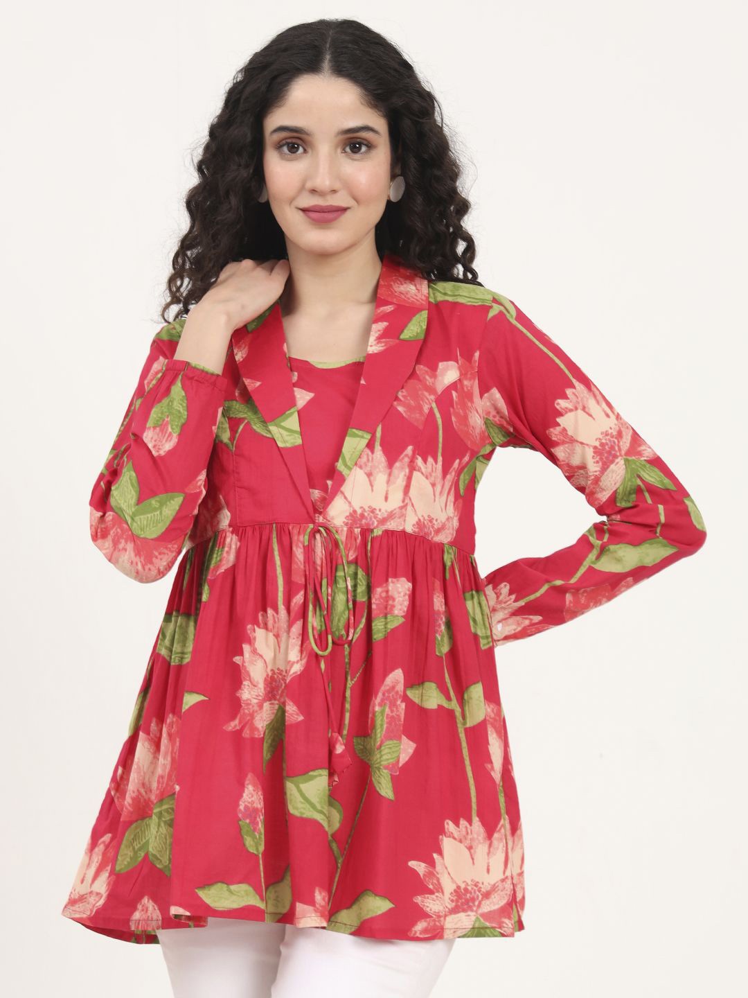 

Divena Women Floral Print Cotton Lepal Neck Peplum Top, Green