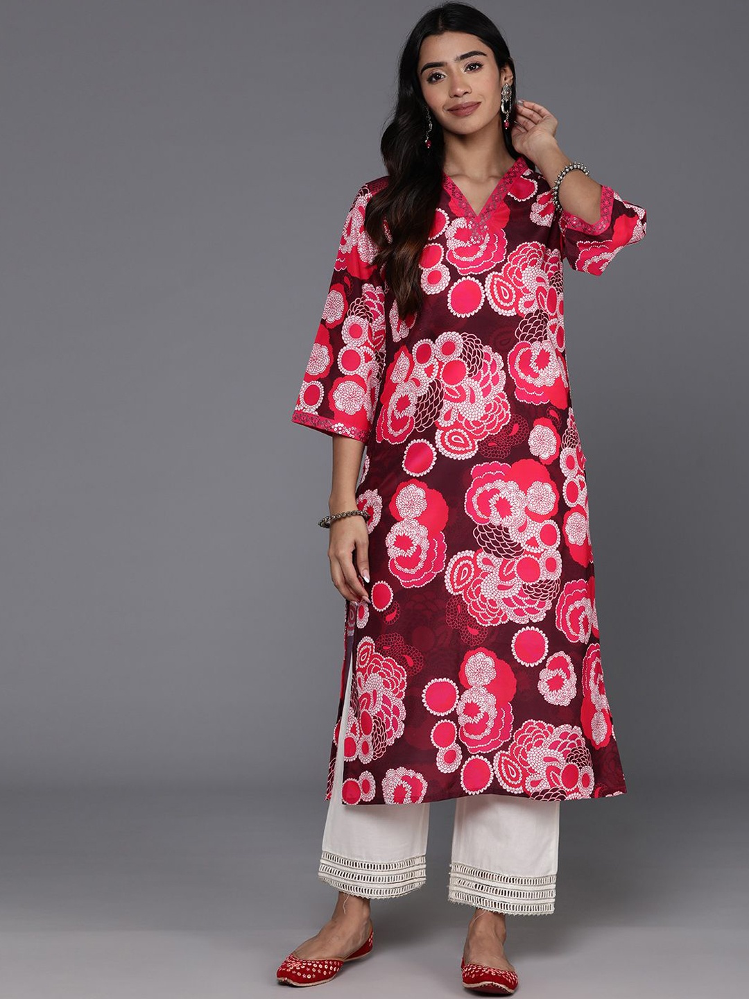 

DIVASTRI Floral Printed Pure Cotton Straight Kurta, Red
