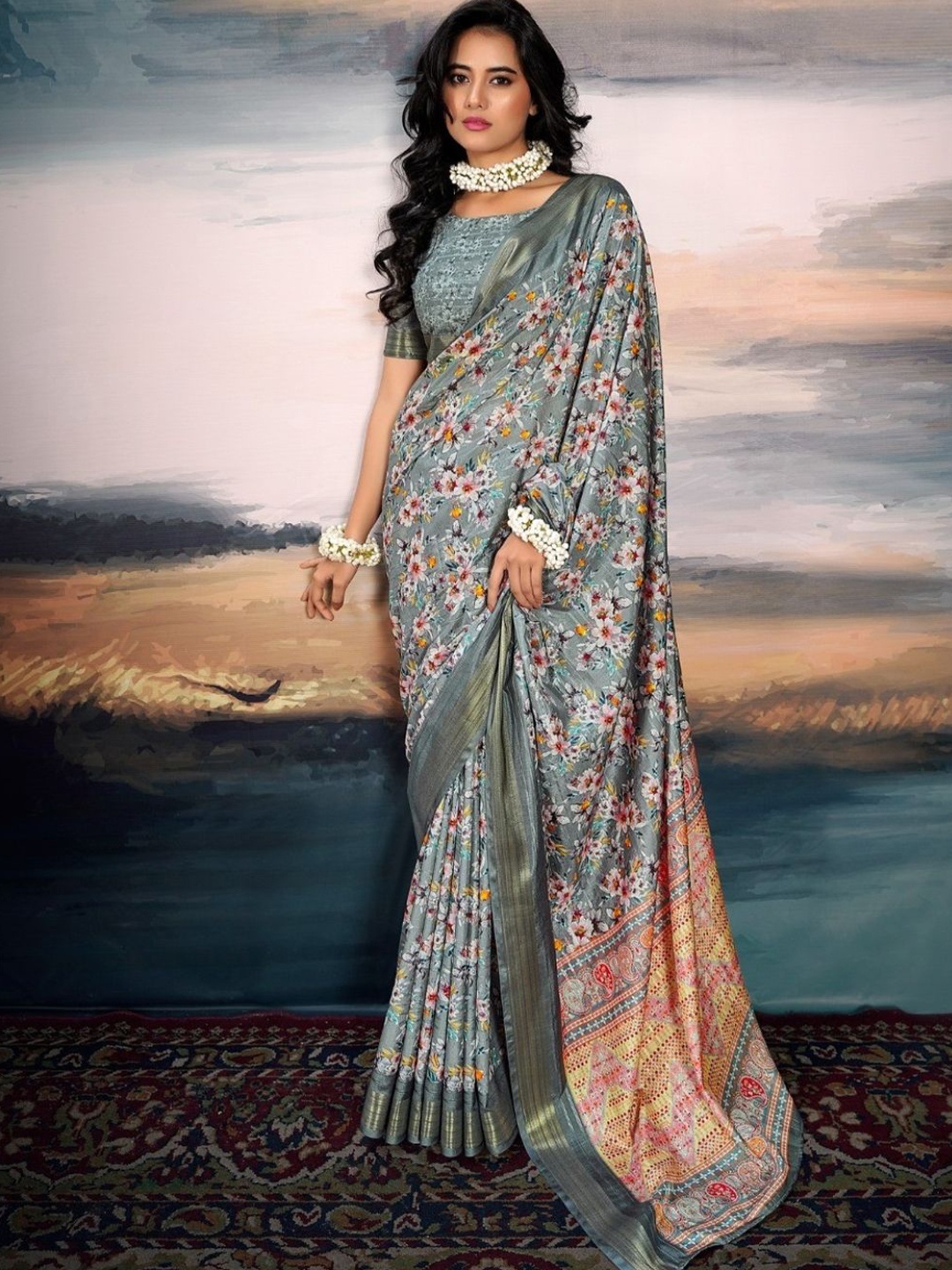 

DEVATITHI Floral Printed Woven Design Zari Grey Pure Cotton Silk Saree