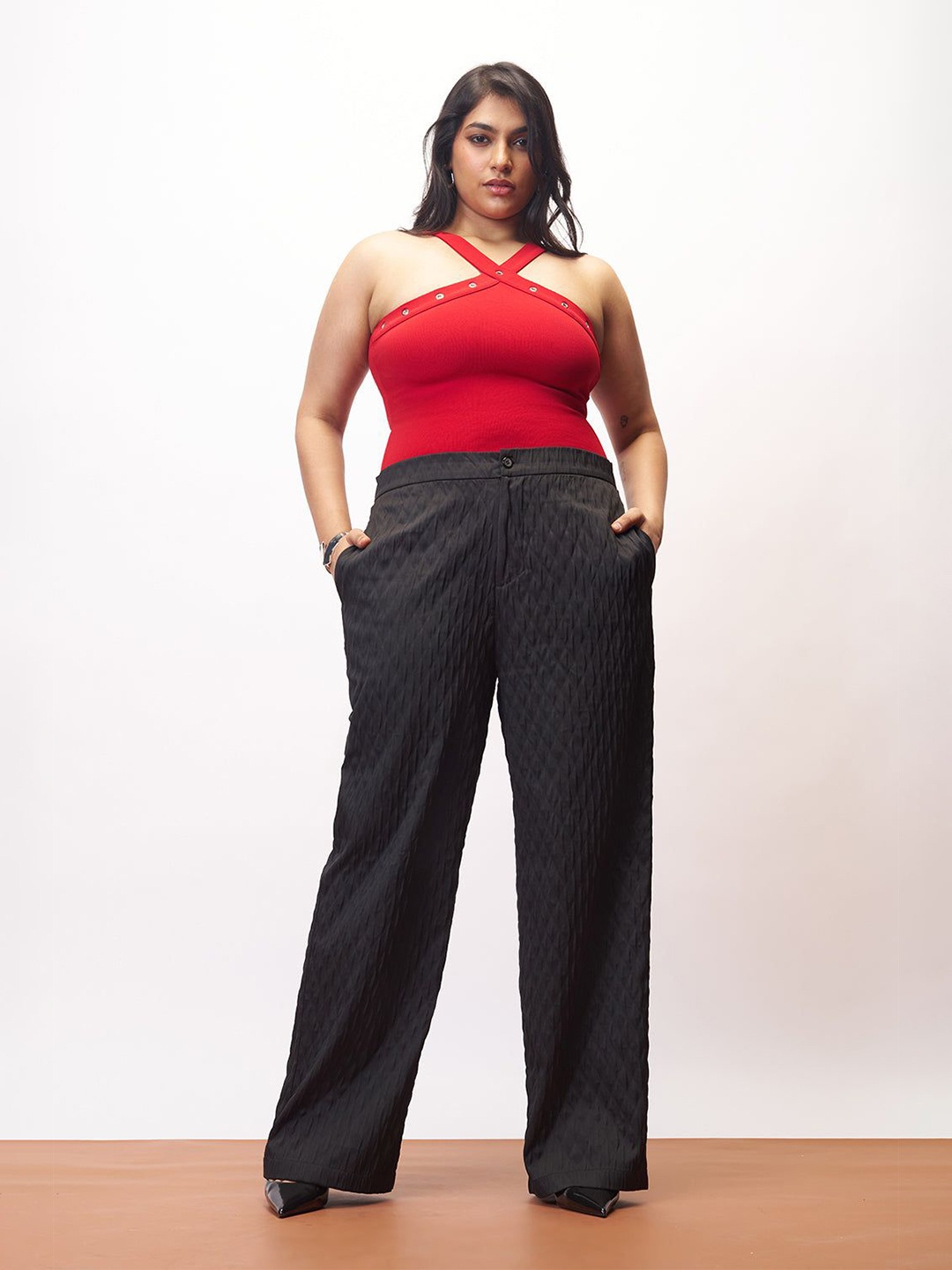 

FREAKINS Women Black Curve Textured Korean Pants