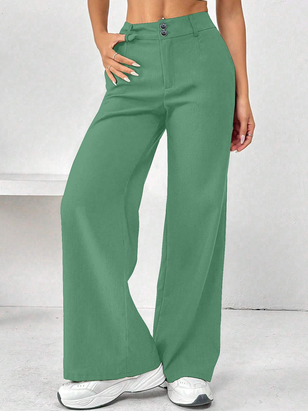

RAJOVATI Women Loose Fit Pleated Trousers, Green