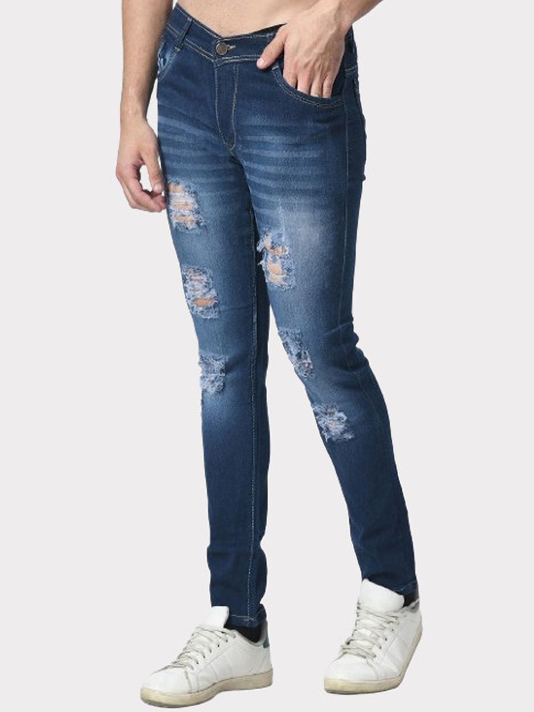 

Linaria Men Classic Slim Fit Mid-Rise Highly Distressed Jeans, Blue