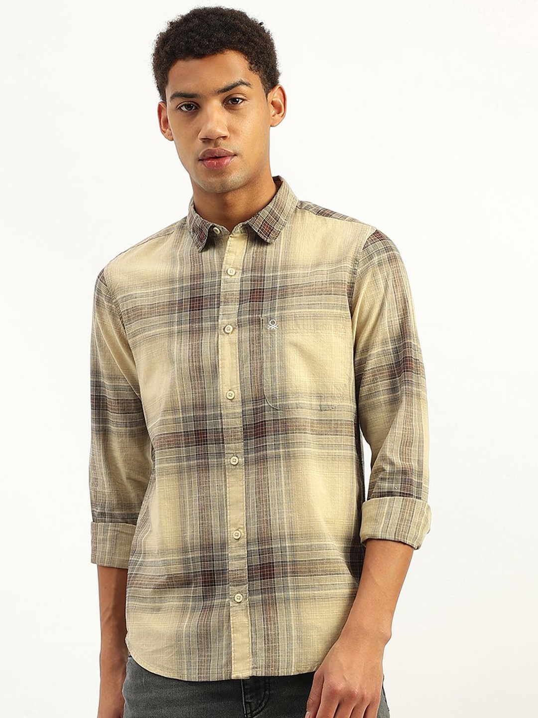 

United Colors of Benetton Men Tartan Checks Opaque Checked Casual Shirt, Beige