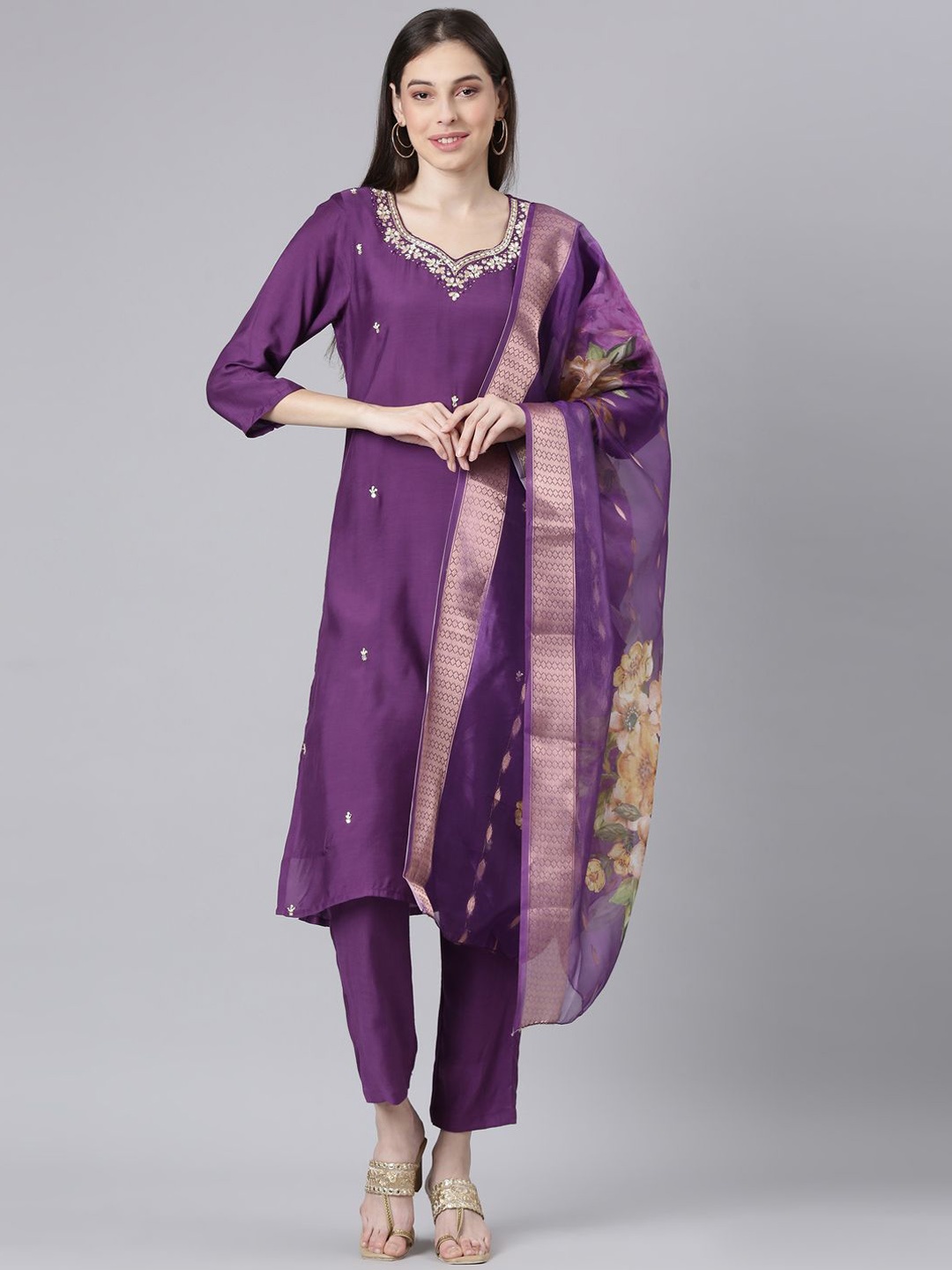 

Neerus Embroidered Beads And Stones Straight Kurta With Trousers & Dupatta, Purple