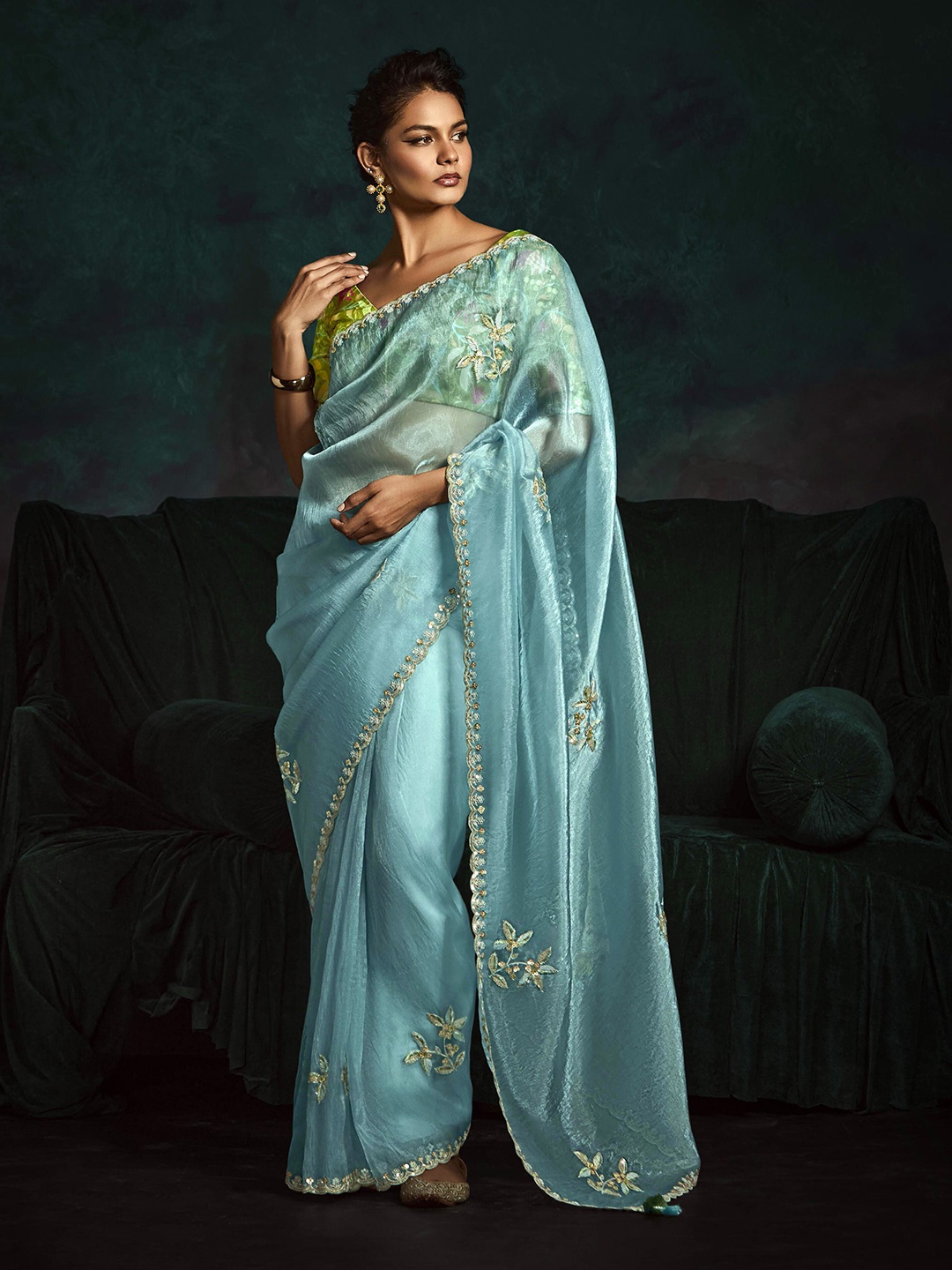

House of D&S Floral Embroidered Tissue Saree, Blue