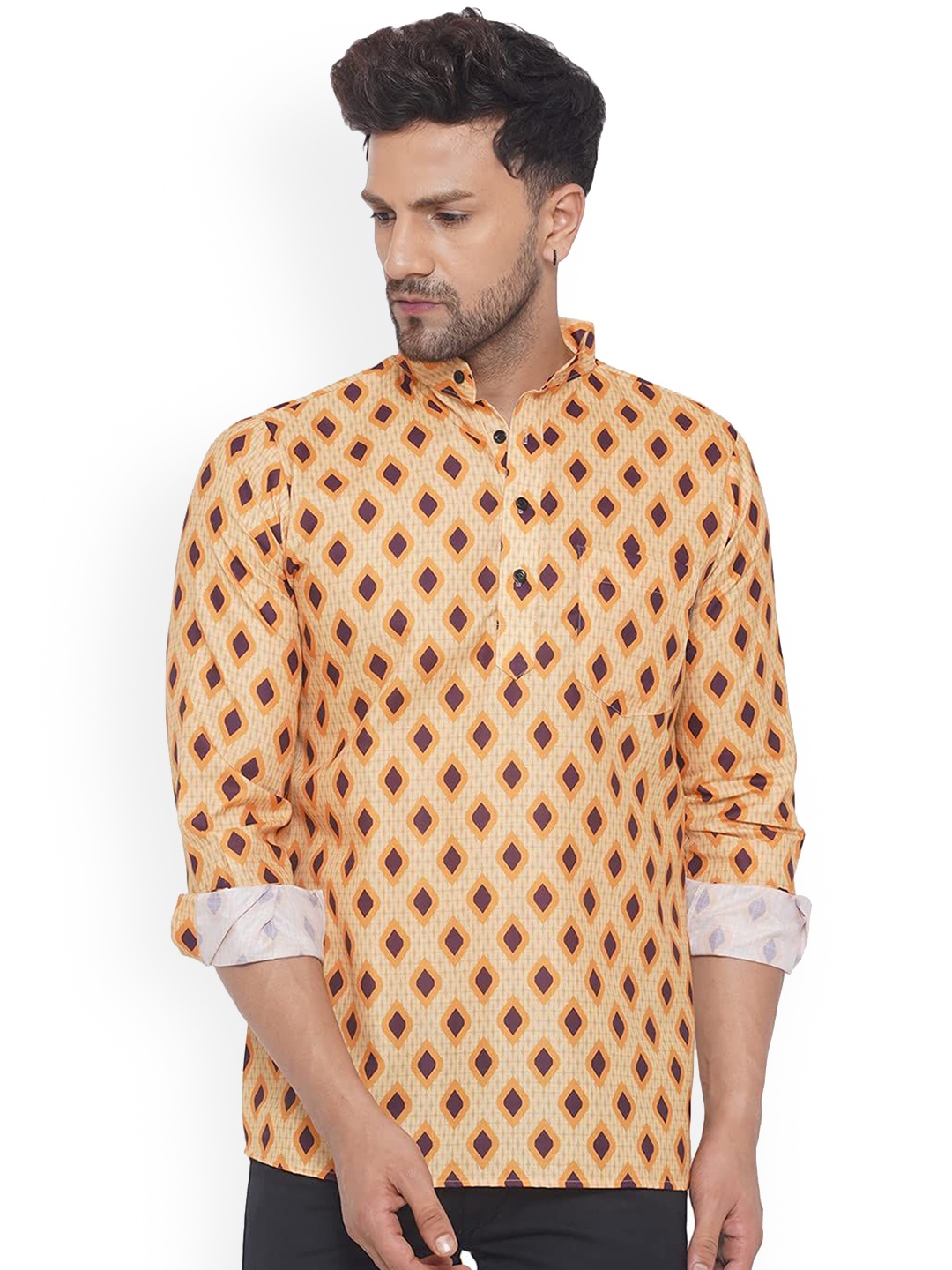 

VEERA PARIDHAAN Geometric Printed Band Collar Cotton Straight Short Kurta, Yellow