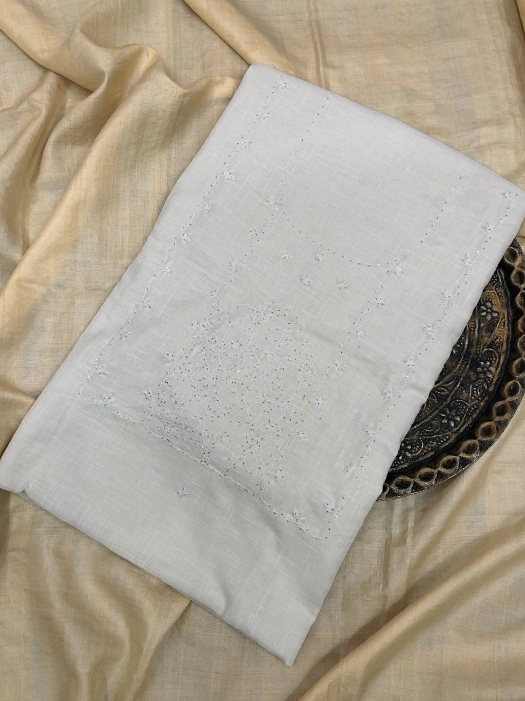 

PALASH Embroidered Pure Cotton Unstitched Dress Material, White