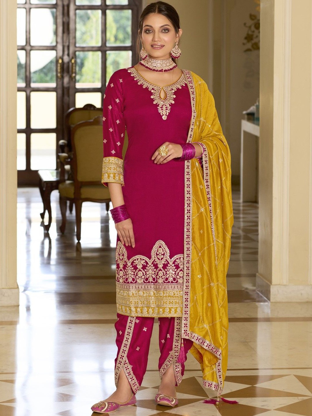 

AUTUMN LANE Floral Embroidered Straight Kurta With Trousers & Dupatta, Red