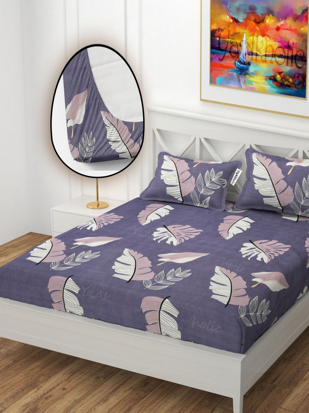 

YaAkholic Purple & White Floral 210 TC King Bedsheet with 2 Pillow Covers