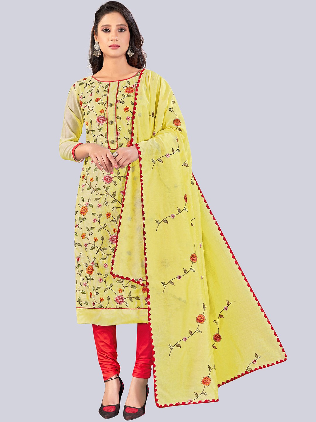 

HERE&NOW Floral Embroidered Chanderi Cotton Unstitched Dress Material, Yellow