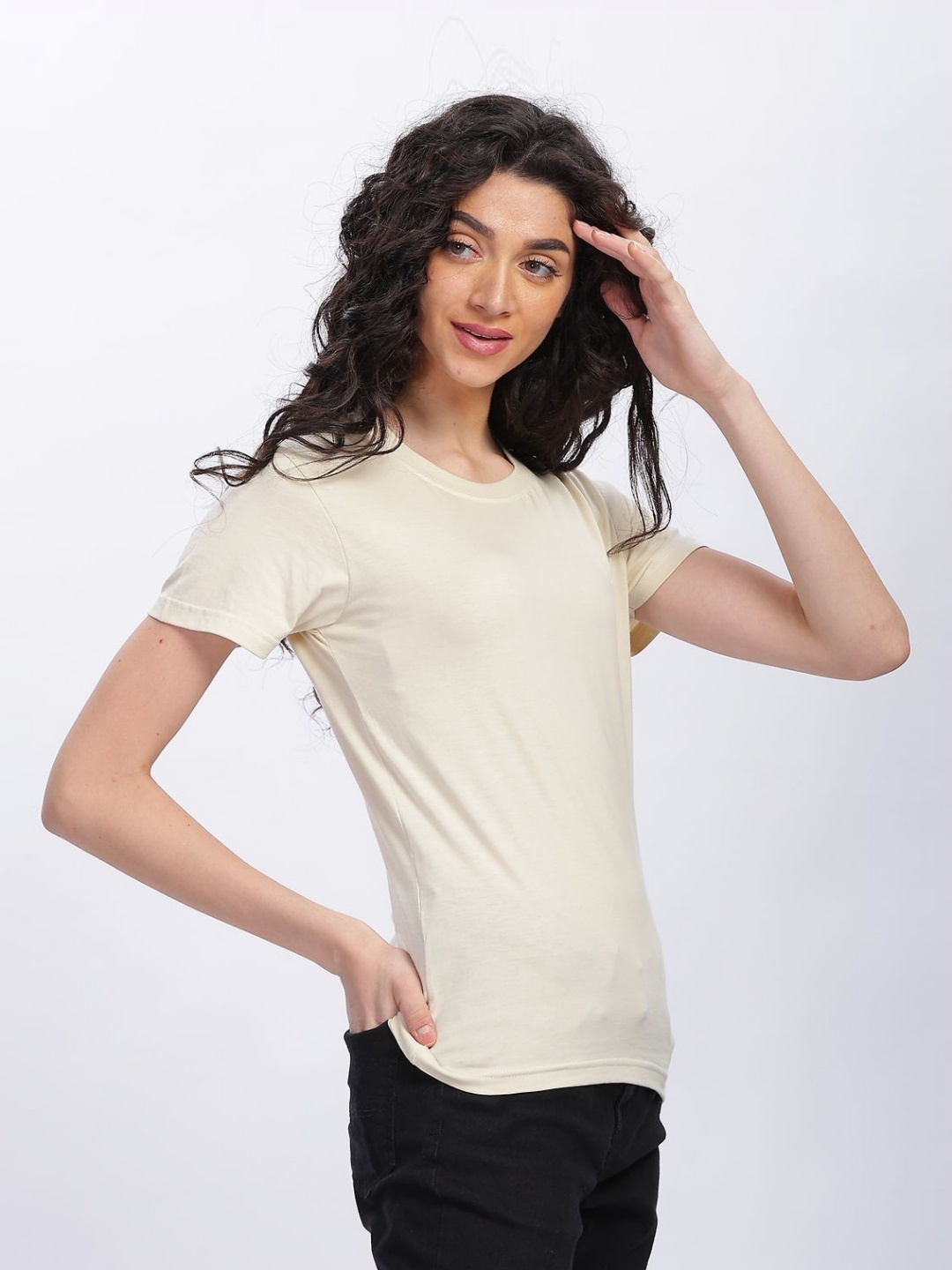 

String Scape Women V-Neck Pure Cotton Pockets T-shirt, Beige