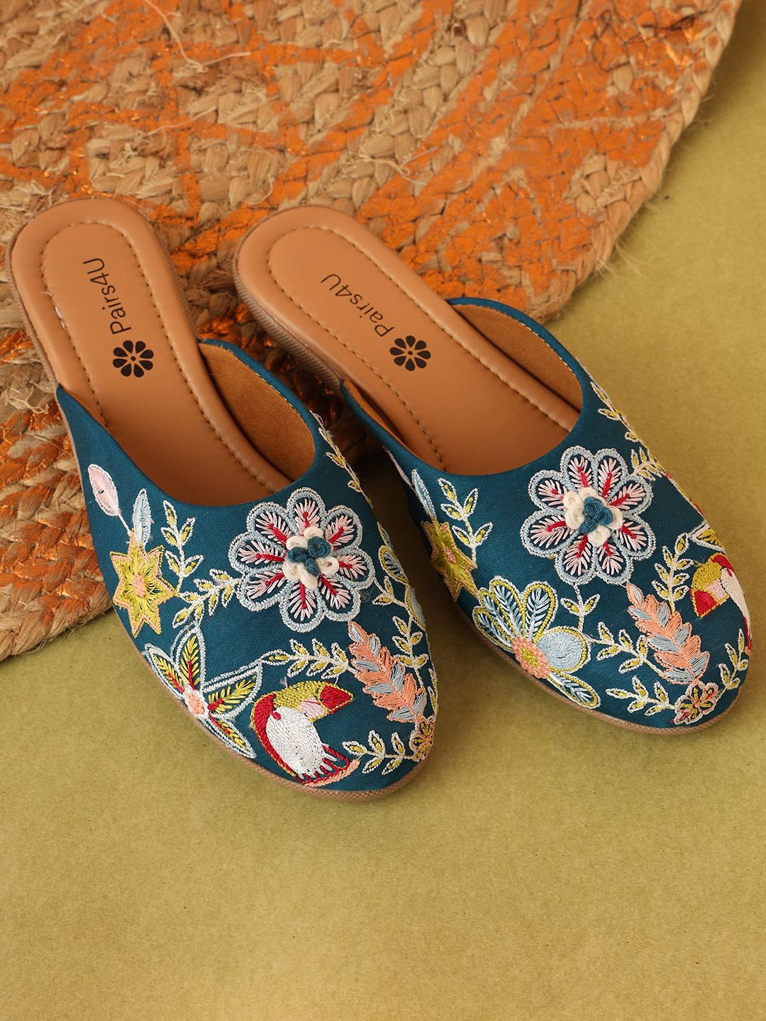 

Pairs4U Women Floral Embroidered Round Toe Slip-On Mojaris, Teal