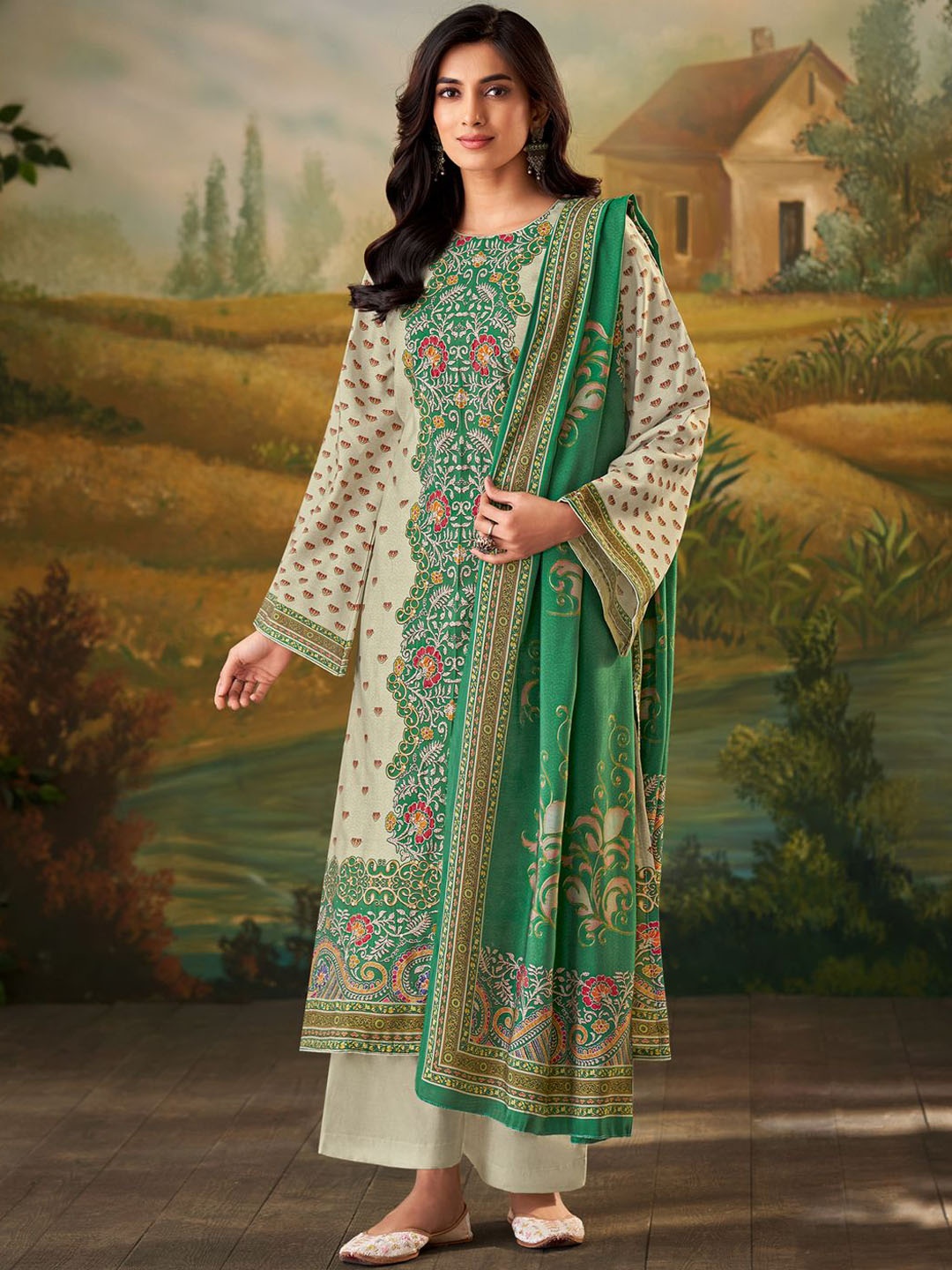 

Stylee LIFESTYLE Floral Printed Pure Silk Unstitched Dress Material, Cream