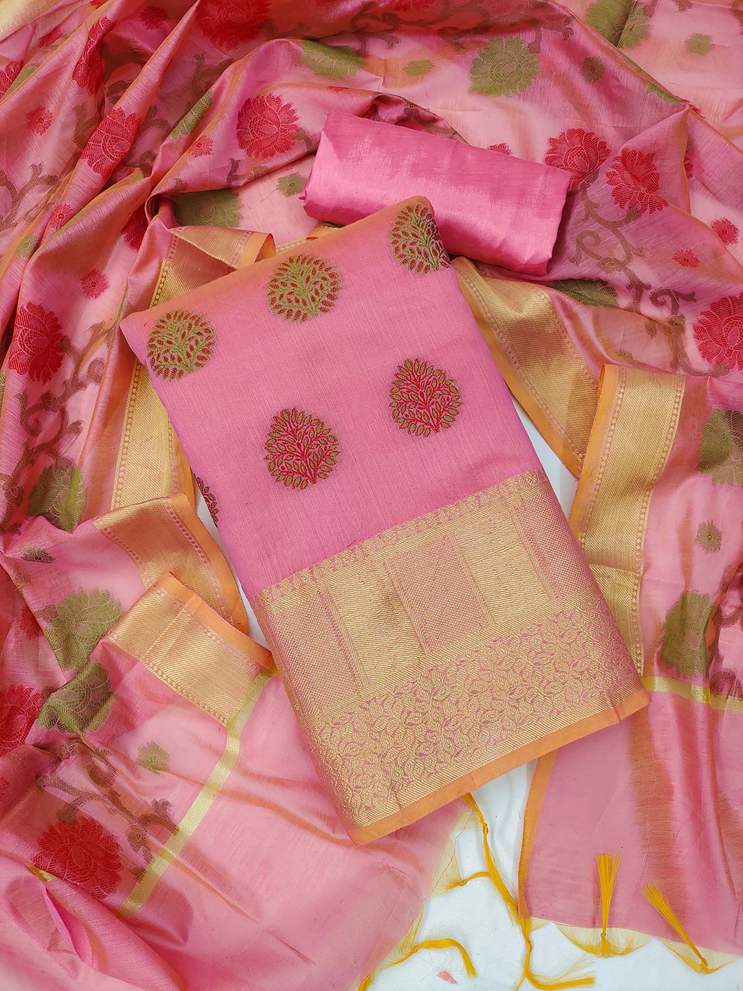 

HERE&NOW Woven Design Banarasi Jacquard Unstitched Dress Material, Pink