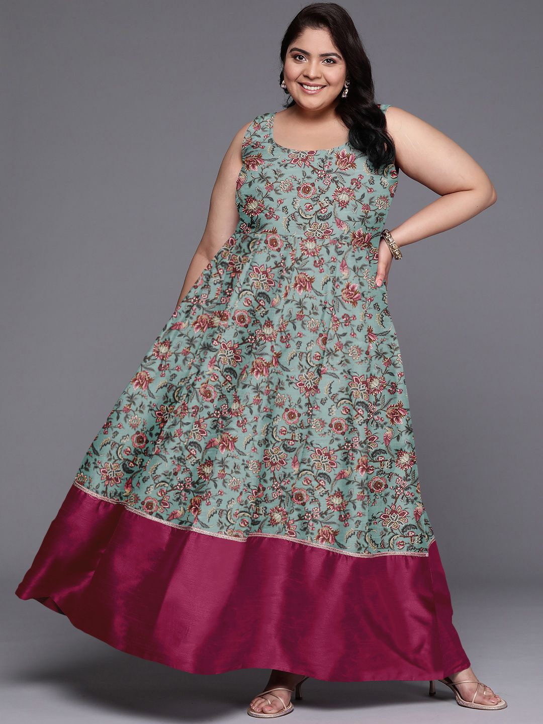 

A PLUS BY AHALYAA Women Plus Size Floral Printed Fit & Flare Maxi Ethnic Dress, Green