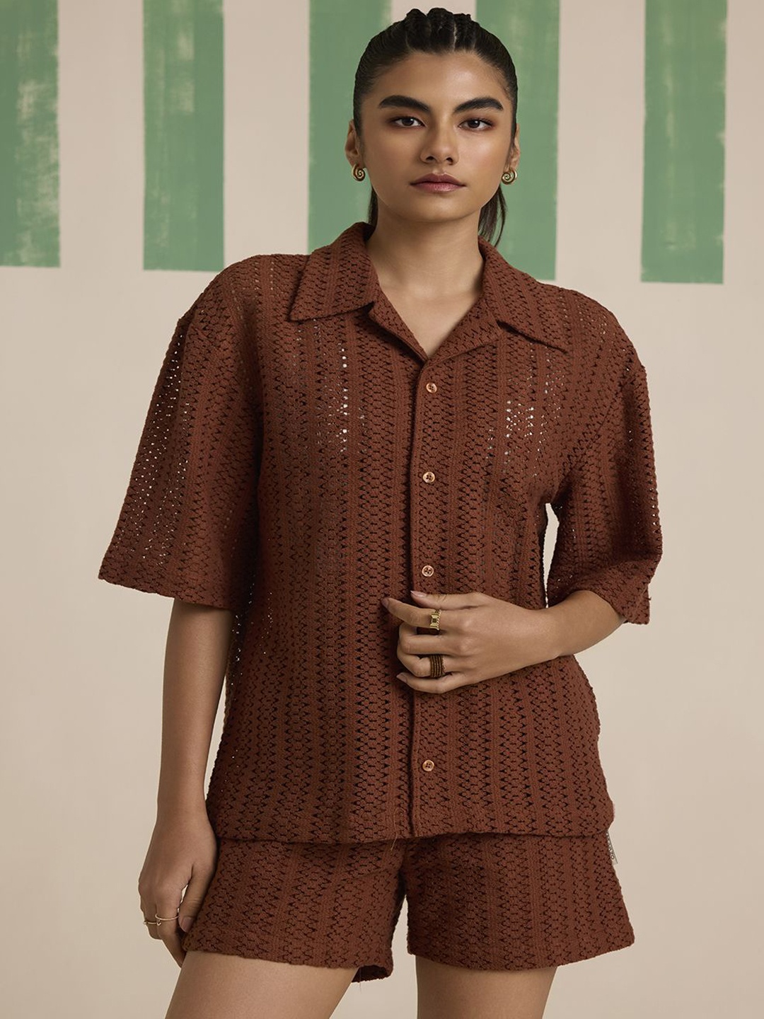 

Muvazo Cacao Weave Self-Design Lapel Collar Shirt & Shorts With Top, Brown