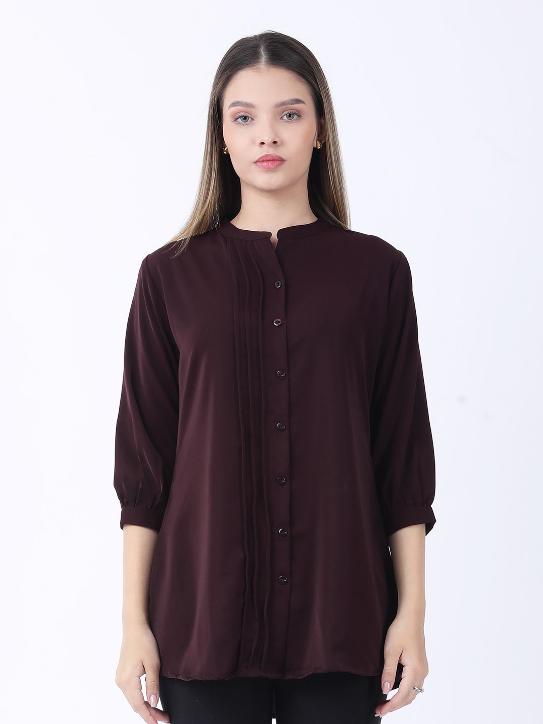 

Raus Fashion Women Mandarin Collar Cuffed Sleeves Shirt Style Top, Brown