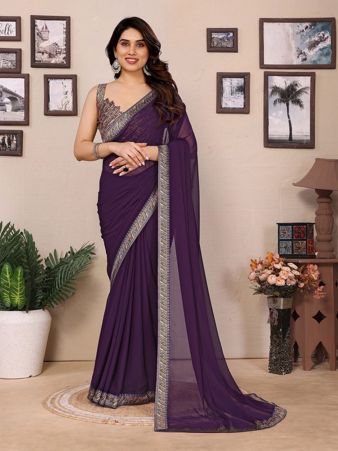 

ROOP SUNDARI SAREES Solid Pure Georgette Saree, Purple