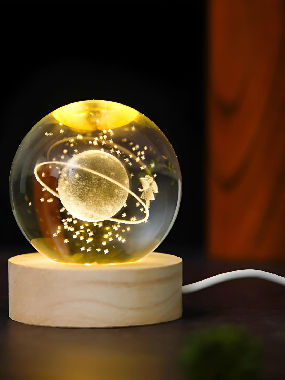 

Webelkart Brown & White 3D Moon Ball Night Light With Wooden Base Table Lamp