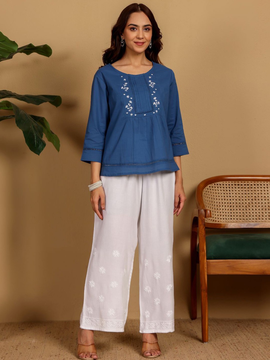 

Chowkhat Floral Pure Cotton Top, Blue