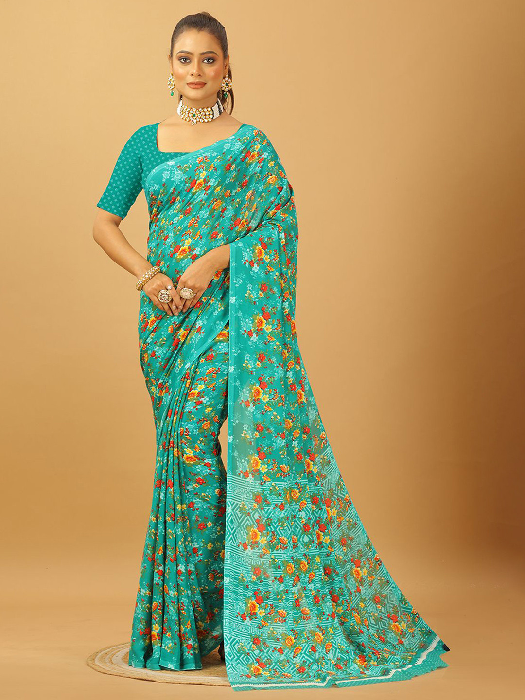 

VIRENDRA TEXTILES Floral Printed Pure Georgette Saree, Turquoise blue