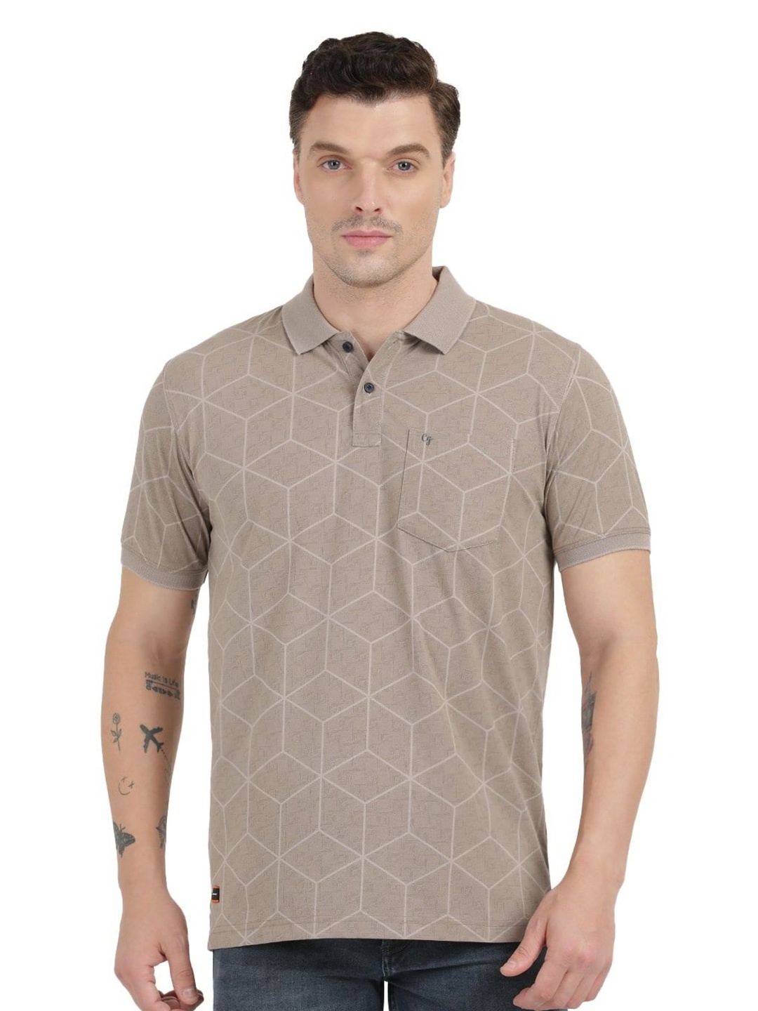 

Clarke Gable Men Polo Collar Indigo Moisture Wicking Pockets Slim Fit T-shirt, Beige