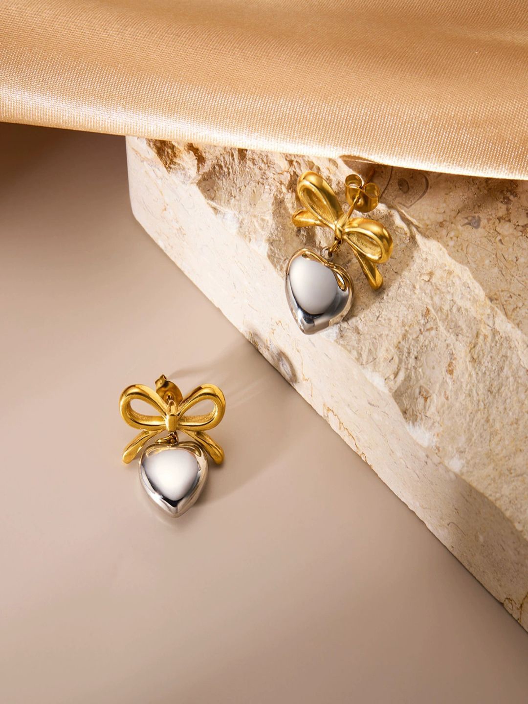 

AQUASTREET 18K Gold-Plated Stainless Steel Bow Heart Shaped Drop Earrings