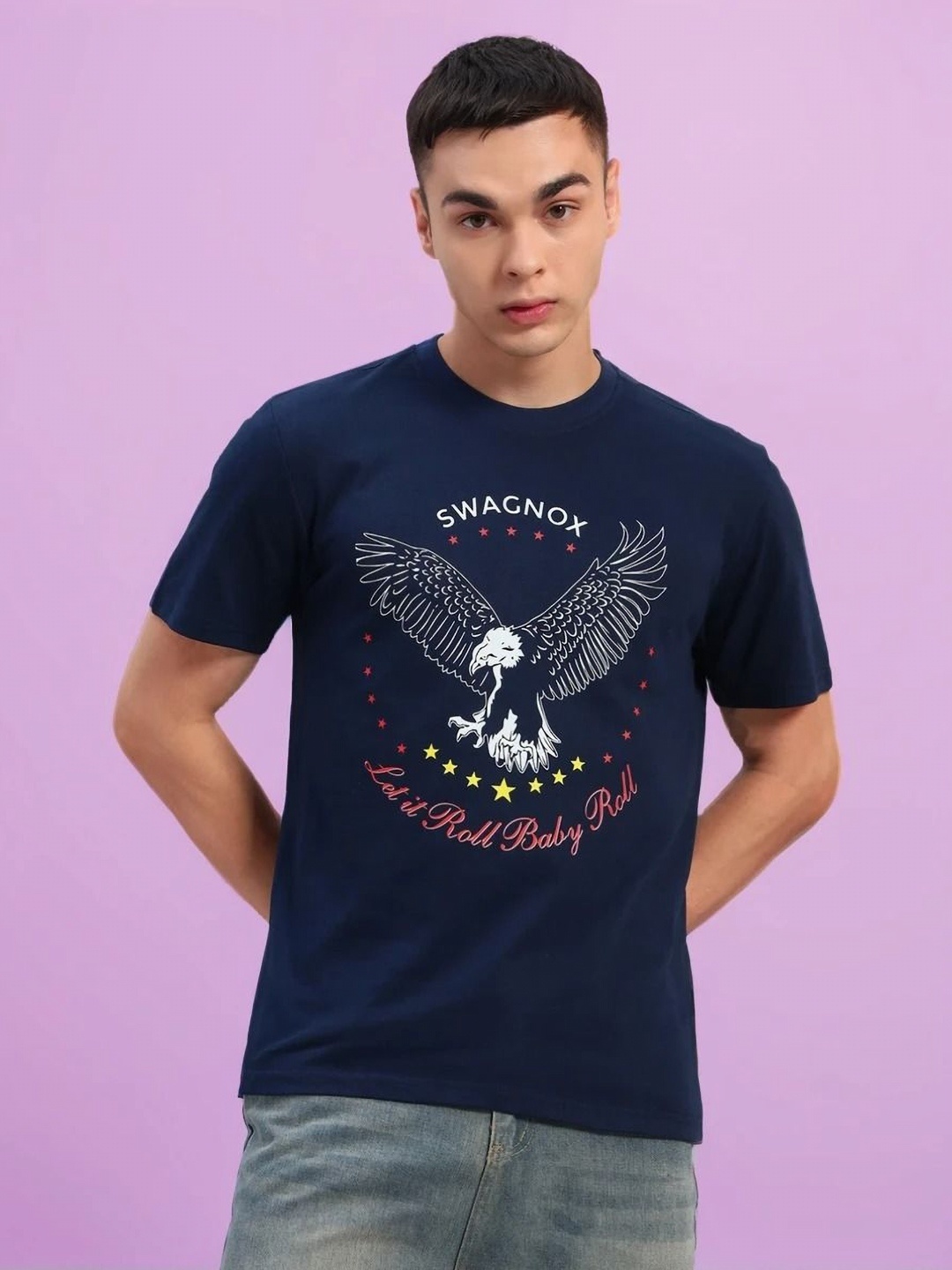 

SWAGNOX Men Printed Applique T-shirt, Blue