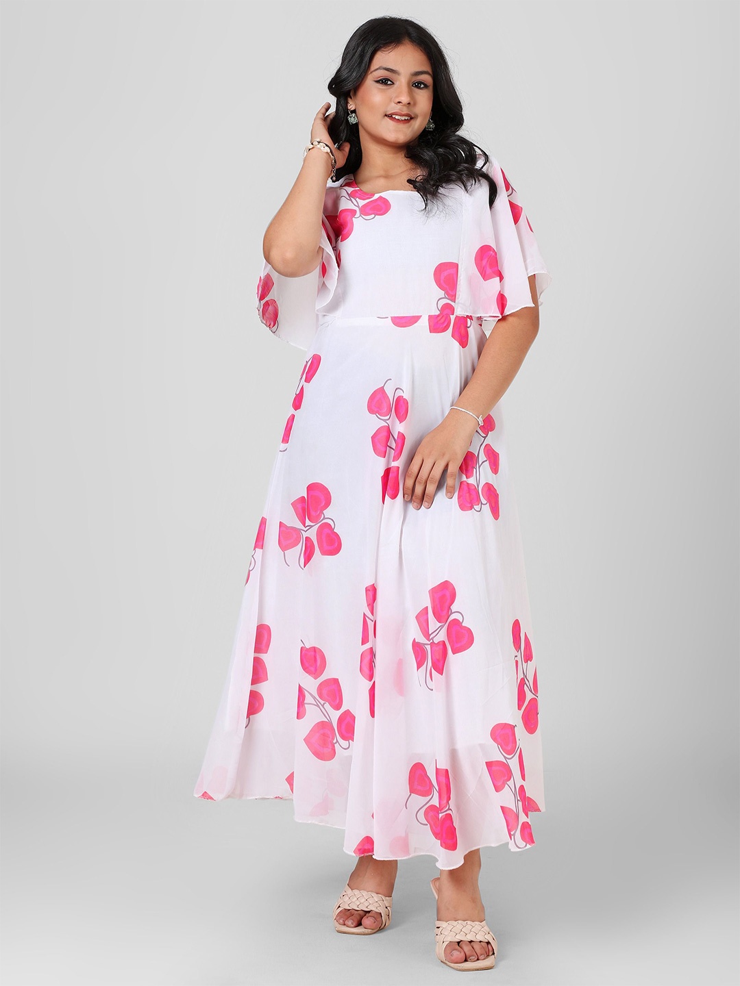 

Aarya Designer Girls Printed Boat Neck Flutter Sleeve Fit & Flare Maxi Dress, White