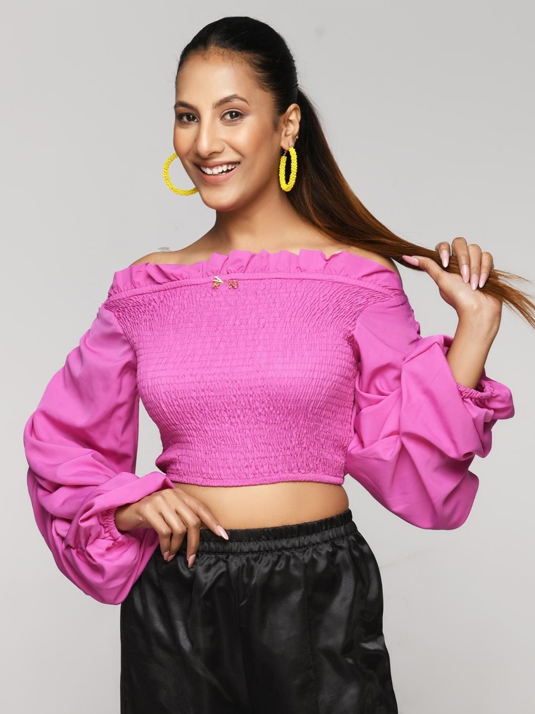 

RANJ Women Puff Sleeve Off Shoulder Crop Top, Pink