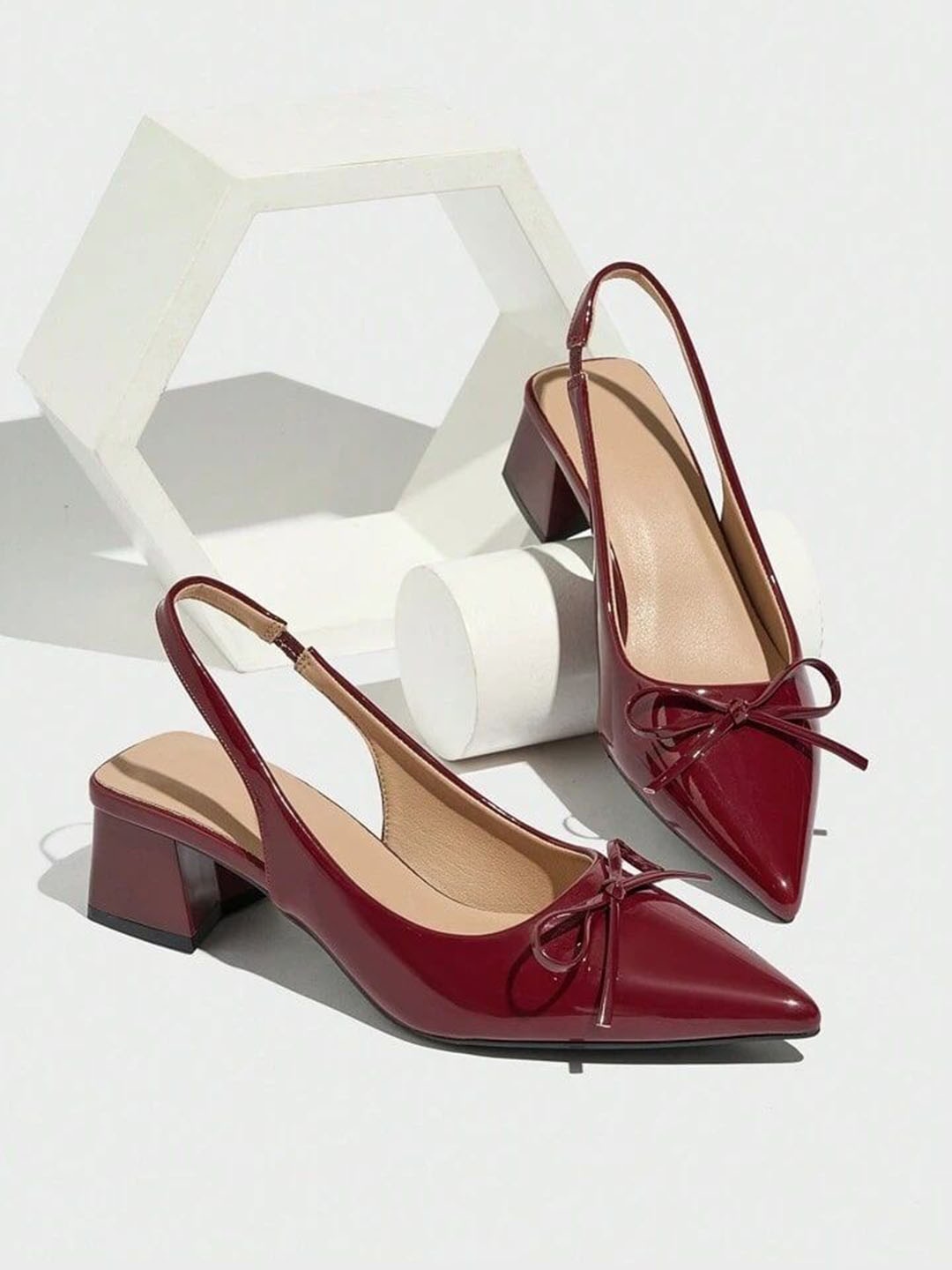 

PURPLEHUNT Women Pointed Toe PU Block Pumps with Bows, Maroon