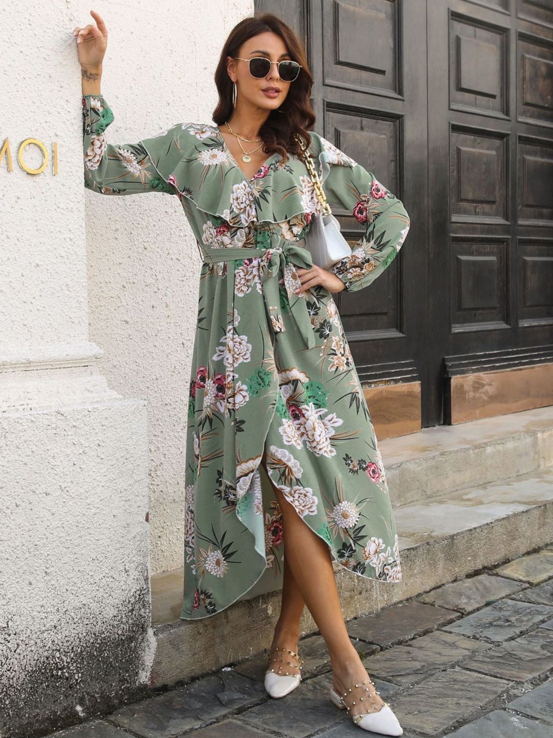 

Oh Rare Women Floral Print Bell Sleeve Fit and Flare Midi Dress, Green