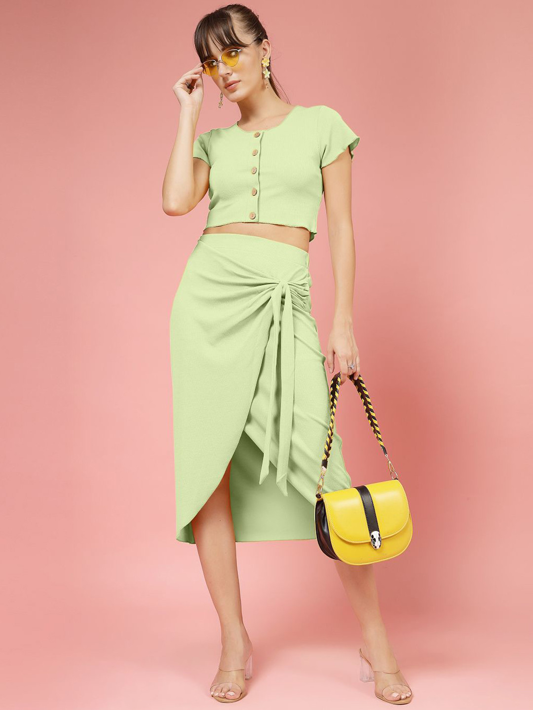 

DressBerry Round Neck Crop Top With Skirt, Green