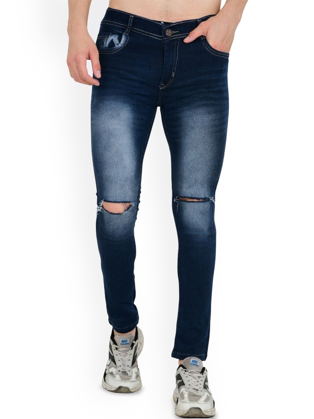 

LINARIA Men Cotton Classic Slim Fit Slash Knee Low-Rise Heavy Fade Jeans, Blue