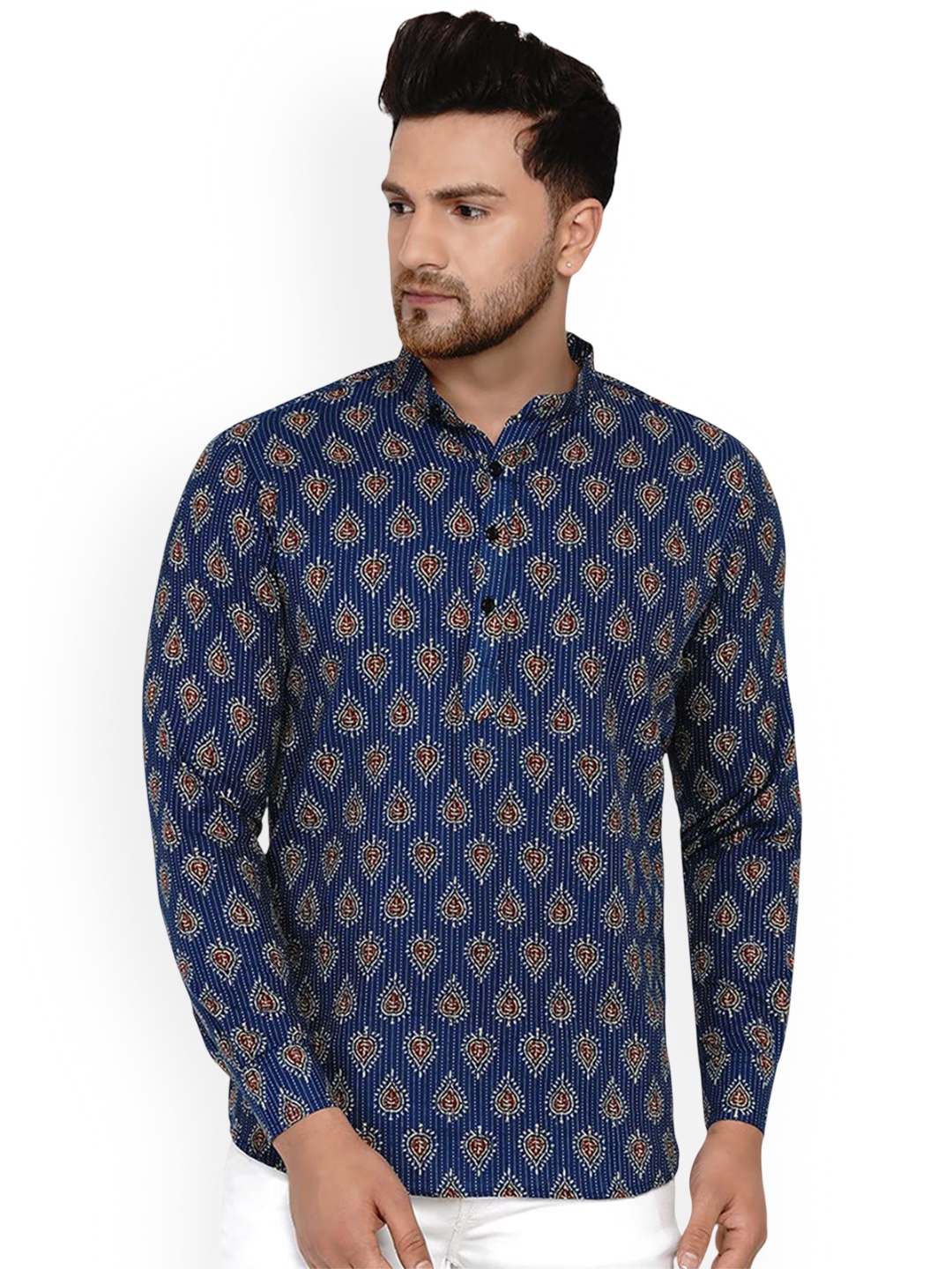 

VEERA PARIDHAAN Ethnic Motifs Printed Cotton Thread Work Mandarin Collar Short Kurta, Blue