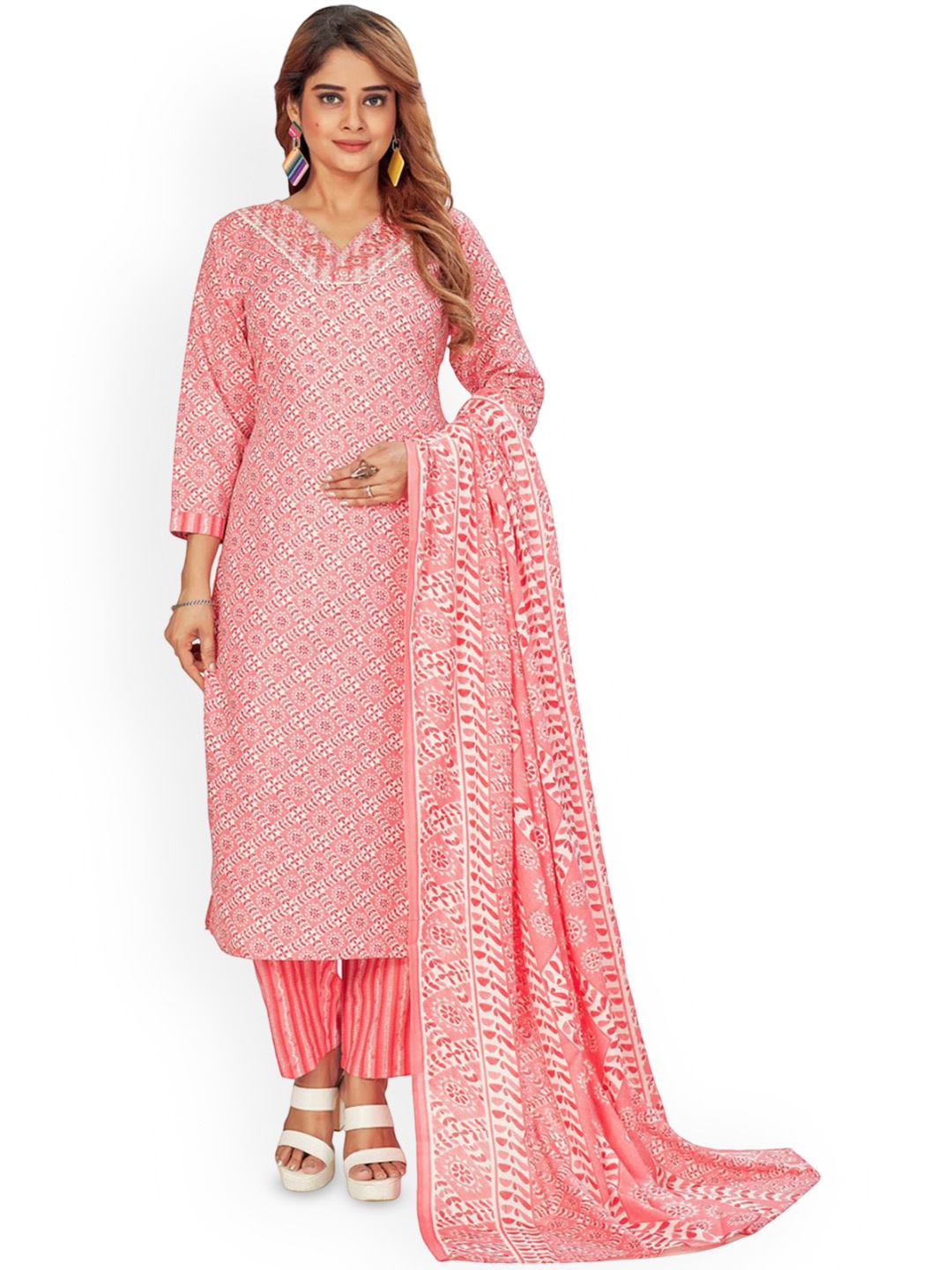 

Amchoor Floral Printed Mirror Work Pure Cotton Straight Kurta With Trouser & Dupatta, Pink