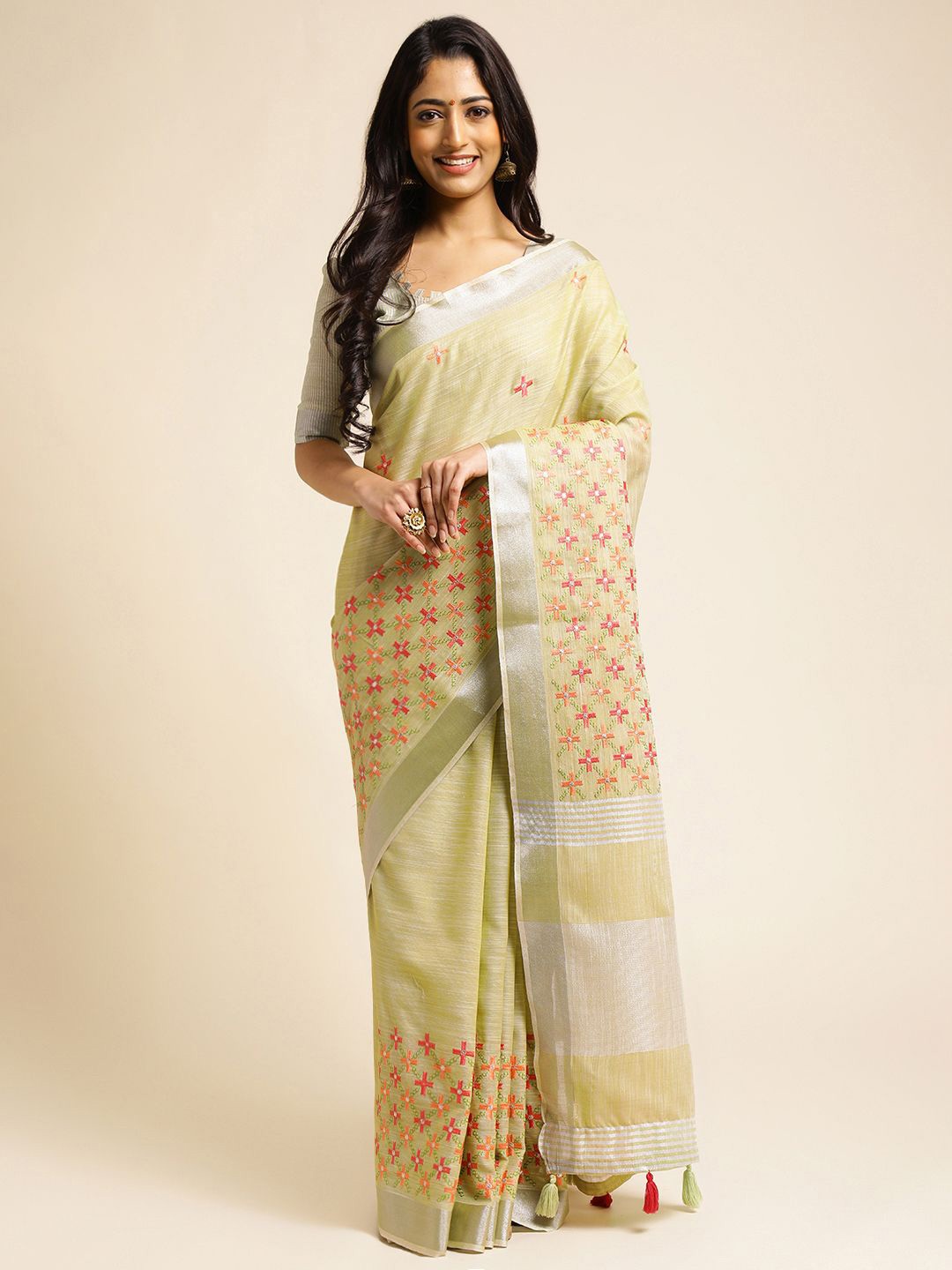 

VIRENDRA TEXTILES Embroidered Zari Pure Cotton Saree, Yellow