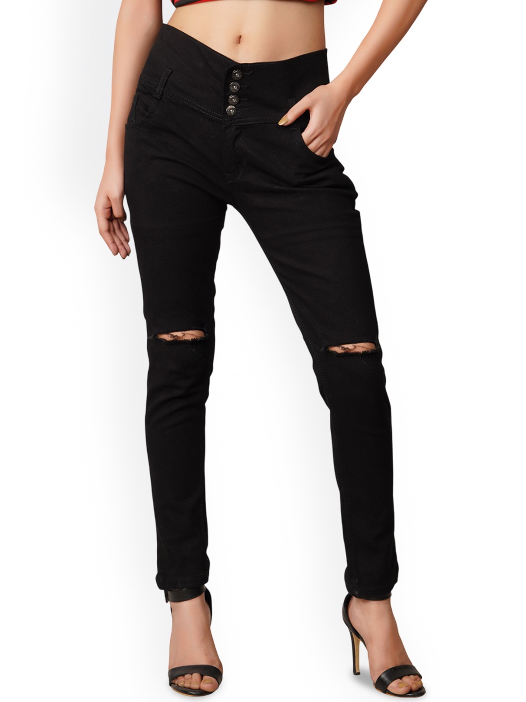 

LINARIA Women Classic Slim Fit Slash Knee Mid-Rise Jeans, Black