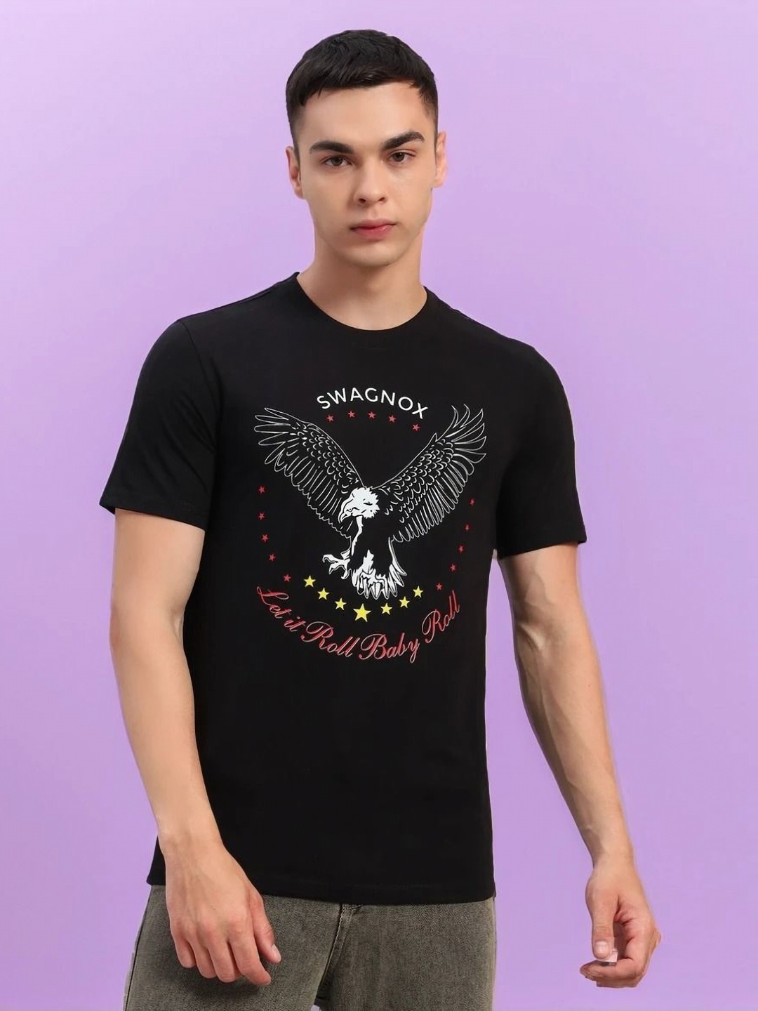 

SWAGNOX Men Printed Monochrome T-shirt, Black
