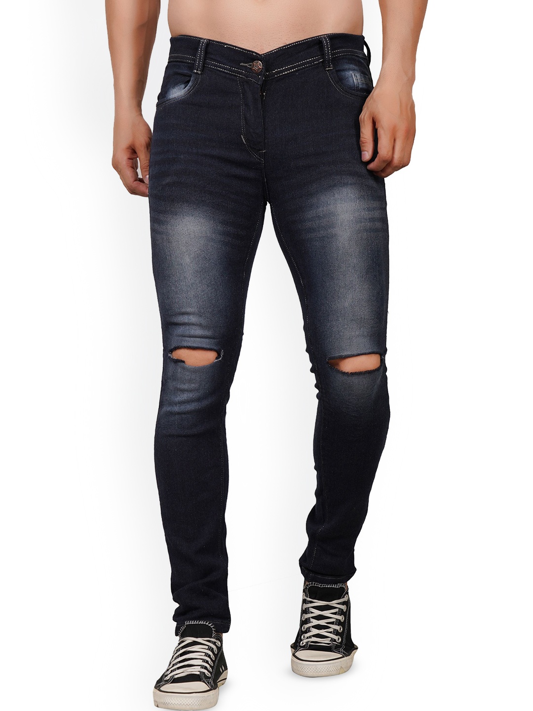 

LINARIA Men Classic Slim Fit Low-Rise Slash Knee Light Fade Jeans, Blue